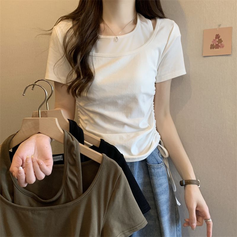Áo Thun Ngắn Tay Giả Hai Mảnh Phối Dây Rút Phong Cách Mới Mùa Hè Cho Nữ