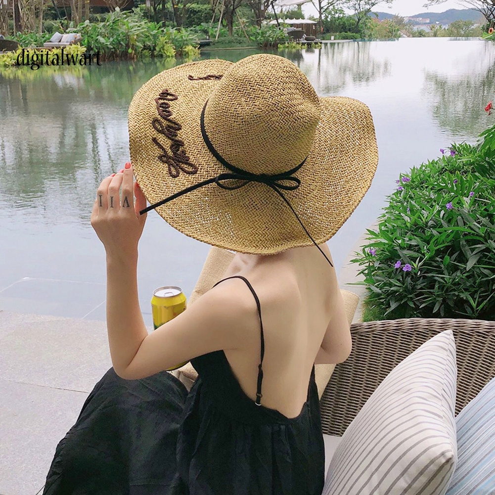 Kỹ Thuật Số| Nón Cối Rộng Vành Hoạ Tiết Chữ Thêu Phối Nơ Nữ Tính