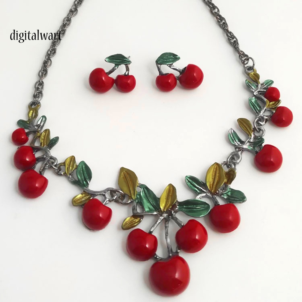 Kỹ Thuật Số| Bộ Vòng cổ + Bông Tai Hình Quả Cherry Đỏ Thời Trang Cho Nữ