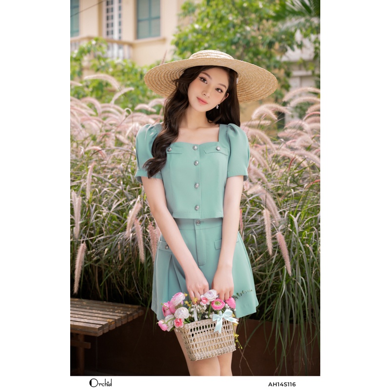 Set bộ áo cộc tay phối quần gấp ly giả váy chất chèo hàn Orchid - AH14S116