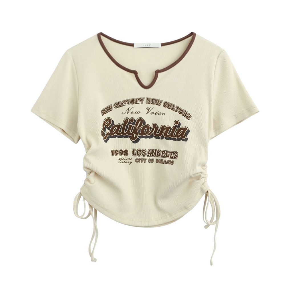 Áo Croptop Tay Ngắn Phối Dây Rút In Họa Tiết Phong Cách Retro Mỹ Thời Trang Mùa Hè Cho Nữ