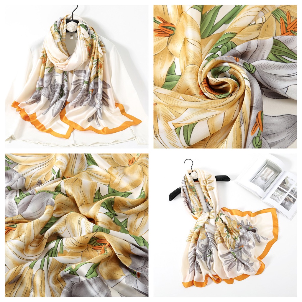 Khăn Choàng Lụa Satin Dài 180-90cm Mềm Mại Thoáng Khí In Họa Tiết Hoa Lily Thanh Lịch Thời Trang Cho Nữ