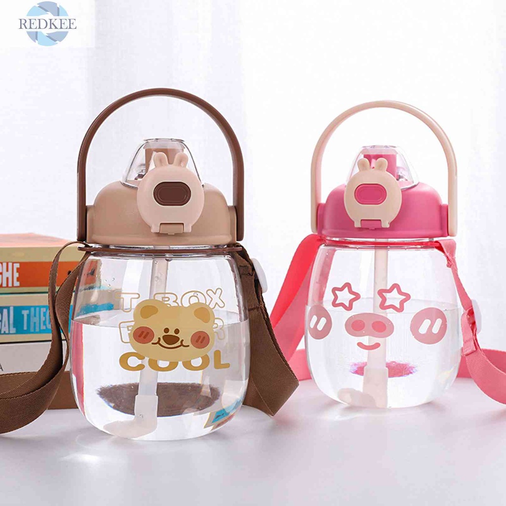 Bình Nước Nhựa 1000ml Có Ống Hút Họa Tiết Hoạt Hình Màu Sắc Ngẫu Nhiên