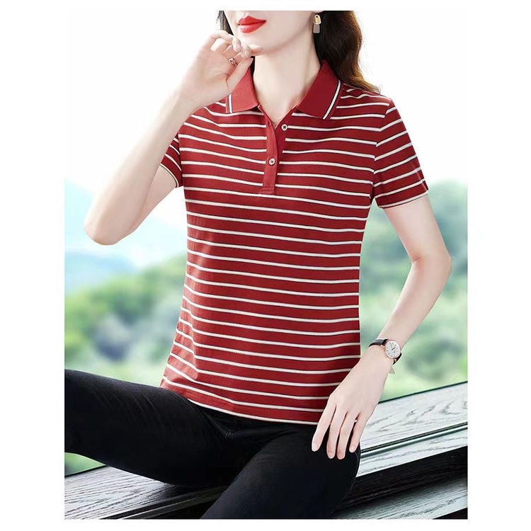 Áo Thun POLO Ngắn Tay Họa Tiết Sọc Thời Trang Dành Cho Nữ