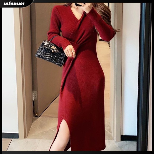 Đầm Dệt Kim Tay Dài Cổ Chữ V Màu Sắc Đơn Giản Cho Nữ