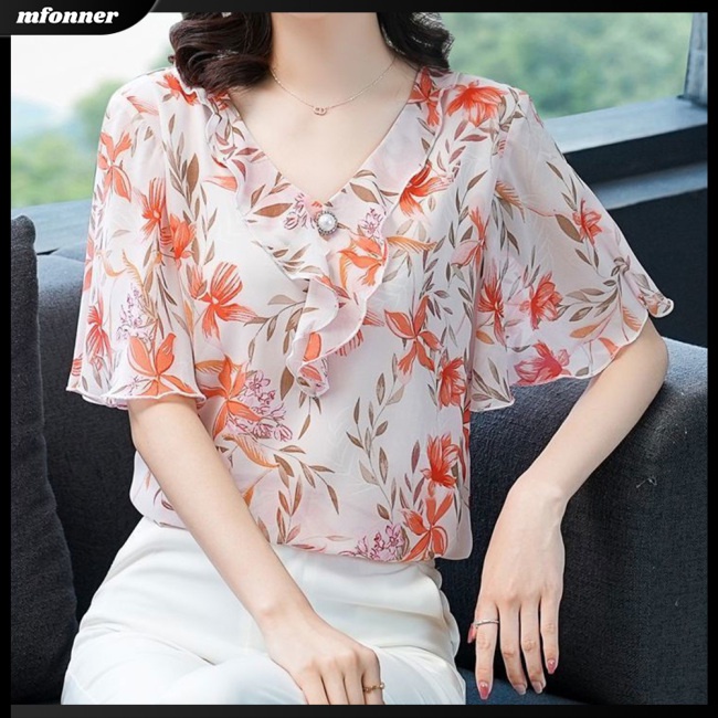 Áo Sơ Mi Chiffon Tay Lửng Dáng Rộng Cổ Chữ V In Hoa Thời Trang Mùa Hè Cho Nữ