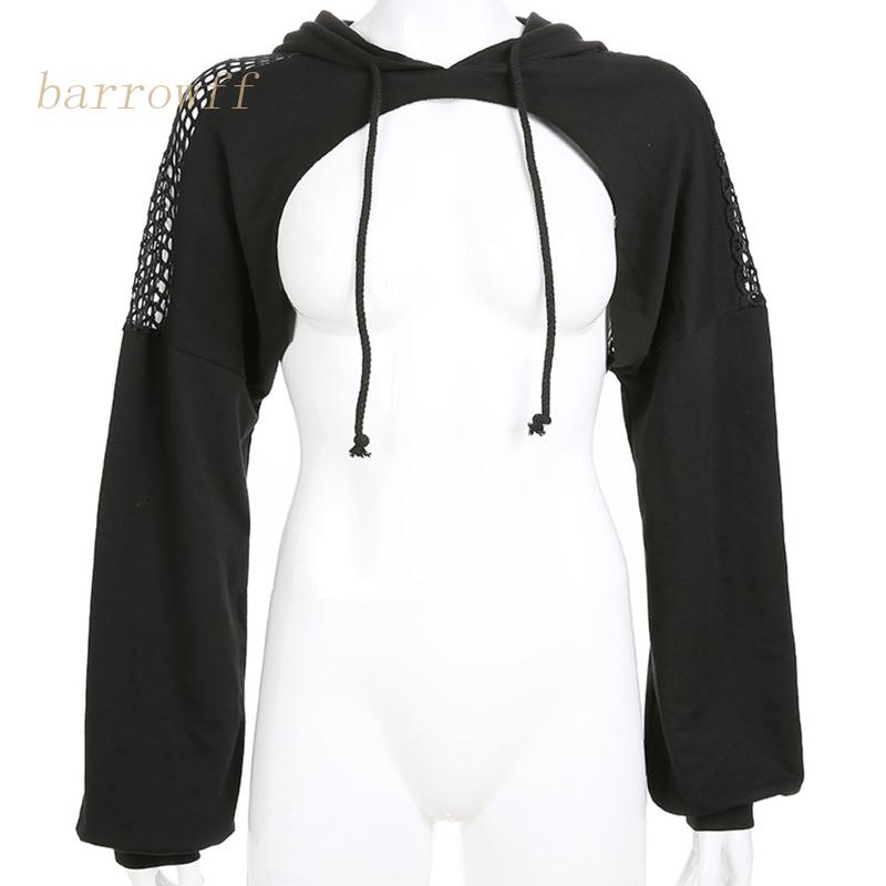 Brroa Áo Hoodie Croptop Tay Dài Phối Lưới Dây Rút Xuyên Thấu Ghép Nối Họa Tiết Tương Phản Cho Nữ