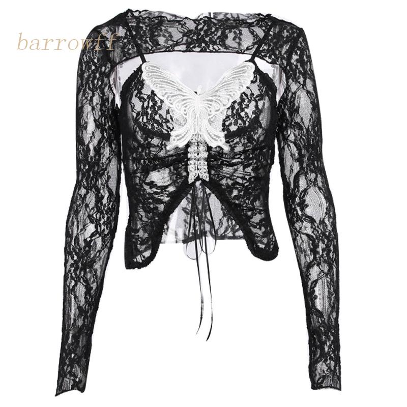Bộ Trang Phục 2 Mảnh Gồm Áo Croptop Tay Dài Và Áo Hai Dây Xuyên Thấu Phối Ren Hình Bướm Dành Cho Bạn Nữ