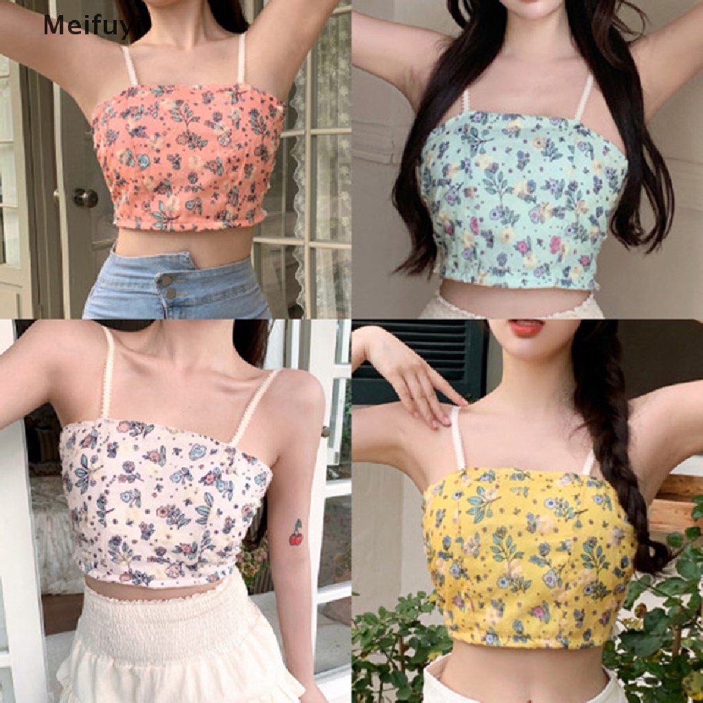 [Meifuyi] Áo Crop Top Hai Dây In Hoa Có Đệm Lót Dáng Ôm Dành Cho Bạn Nữ