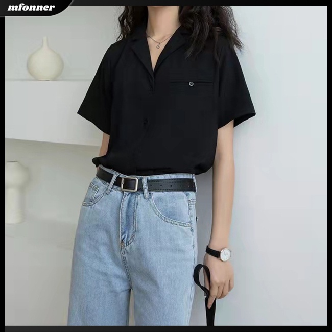 Áo Sơ Mi Chiffon Tay Ngắn Cổ Chữ V Màu Sắc Đơn Giản Thanh Lịch Dành Cho Nữ