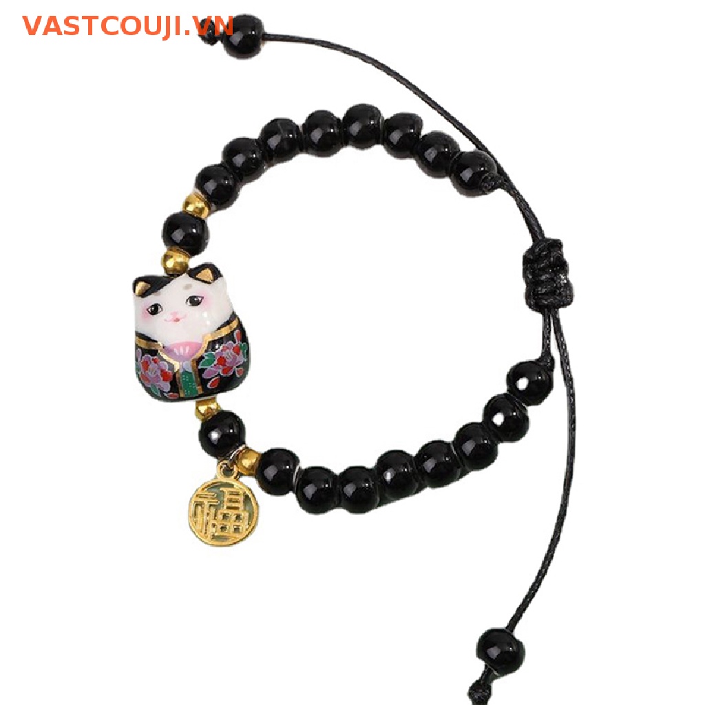 1 Vòng Tay Chuỗi Hạt Gốm Hình Mèo May Mắn Phong Cách Trung Hoa