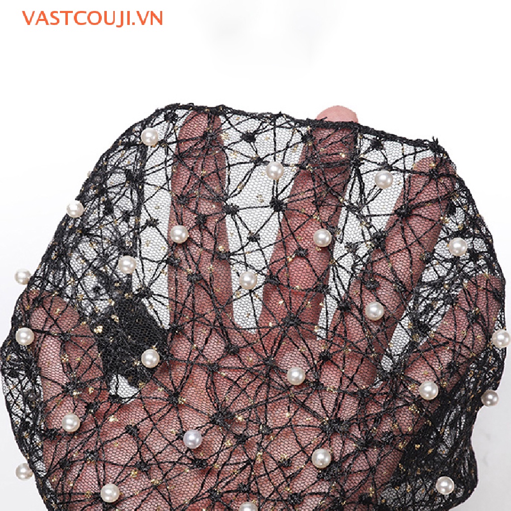 Băng Đô Cài Tóc Bản Rộng Phối Lưới Thoáng Khí Đính Ngọc Trai Giả
