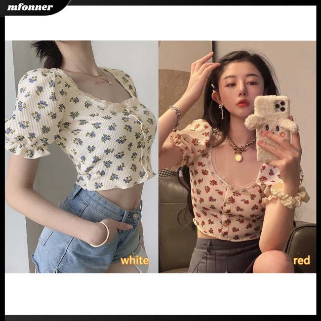 Áo Croptop Cổ Vuông Tay Phồng In Họa Tiết Hoa Phong Cách Retro Cho Nữ