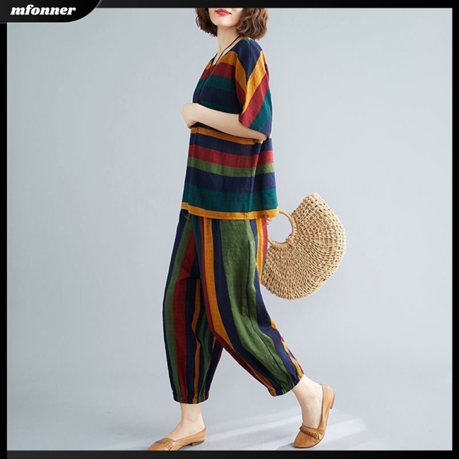 Bộ Trang Phục 2 Mảnh Gồm Áo Tay Ngắn Kẻ Sọc + Quần Harem Thân Thiện Với Da Cổ Tròn Thời Trang