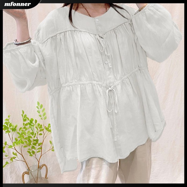Áo Sơ Mi Tay Dài Cổ Tròn Dáng Rộng Xếp Ly Một Hàng Nút Vải Cotton Lanh Màu Trơn Thời Trang Cho Bạn Gái