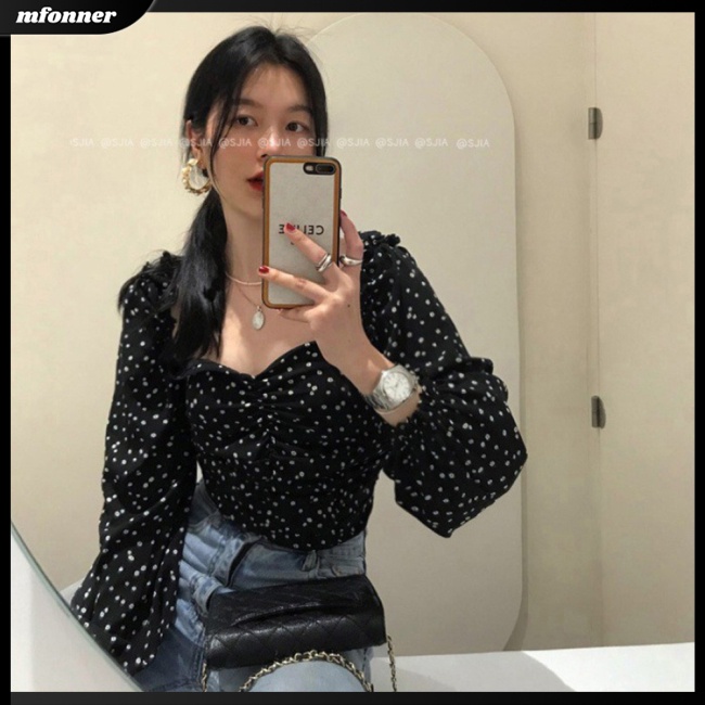 Áo Croptop Cổ Vuông Tay Dài Phồng In Họa Tiết Hoa Phong Cách Pháp Cổ Điển Thời Trang Cho Nữ