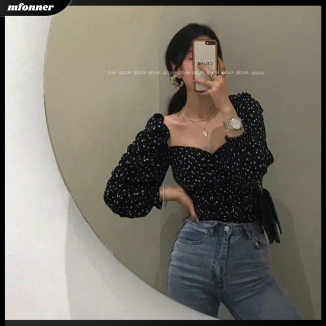 Áo Croptop Cổ Vuông Tay Dài Phồng In Họa Tiết Hoa Phong Cách Pháp Cổ Điển Thời Trang Cho Nữ