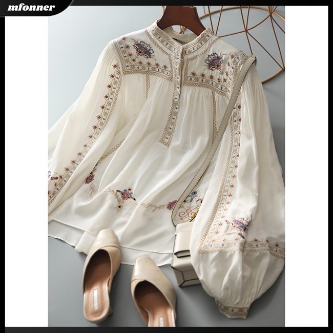 Áo Sơ Mi Tay Phồng Cổ Đứng Màu Trơn In Họa Tiết Phong Cách Retro Thời Trang Cho Nữ