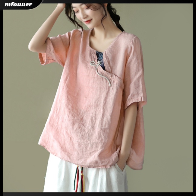 Áo Sơ Mi Tay Ngắn Cổ Tròn Dáng Rộng Màu Sắc Đơn Giản Thanh Lịch Dành Cho Nữ