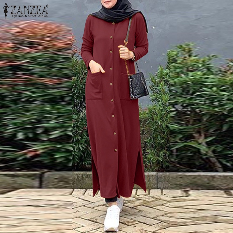 Đầm maxi dài ZANZEA có túi đính nút thời trang đường phố cho nữ