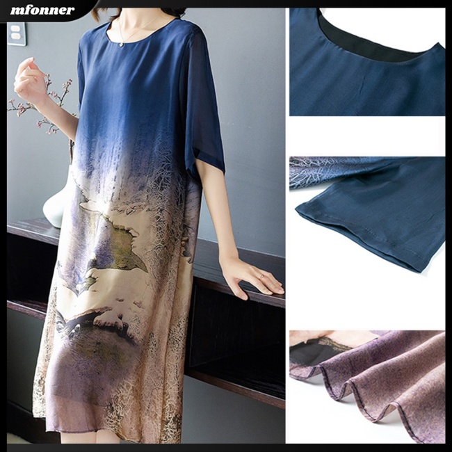 Đầm Lụa Lạnh Mỏng Dáng Rộng Tay Ngắn In Họa Tiết Xinh Xắn Cho Nữ