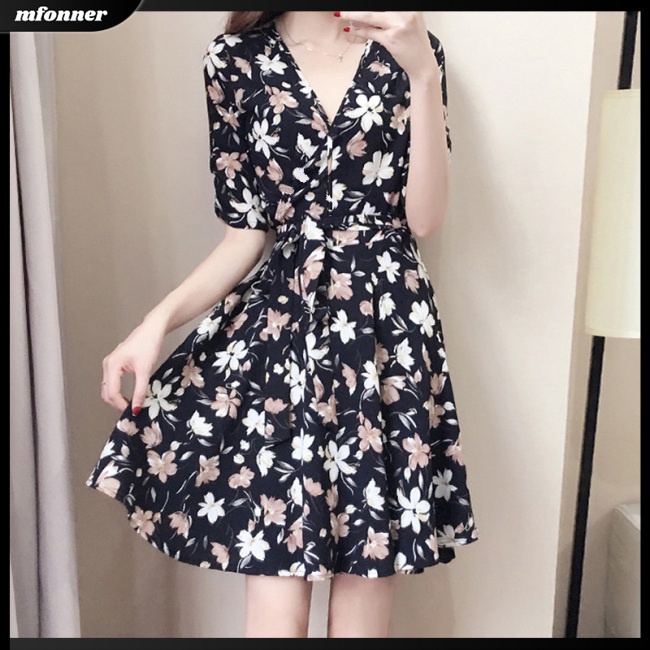 Đầm Dáng Rộng In Họa Tiết Hoa Chiết Eo Xinh Xắn Thời Trang Cho Bạn Gái