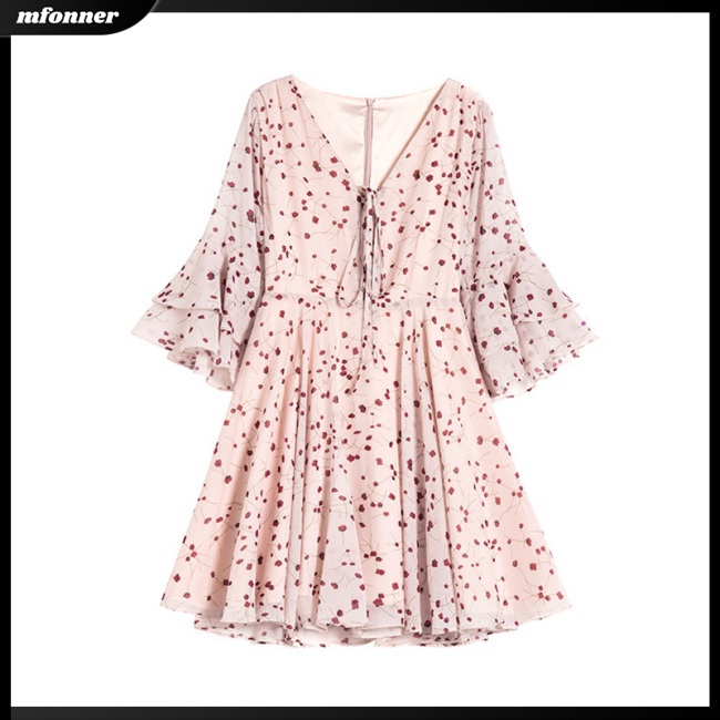 Đầm Hoa Cổ Chữ V Phối Bèo Lá Sen Xinh Xắn Thời Trang Mùa Hè Cho Nữ