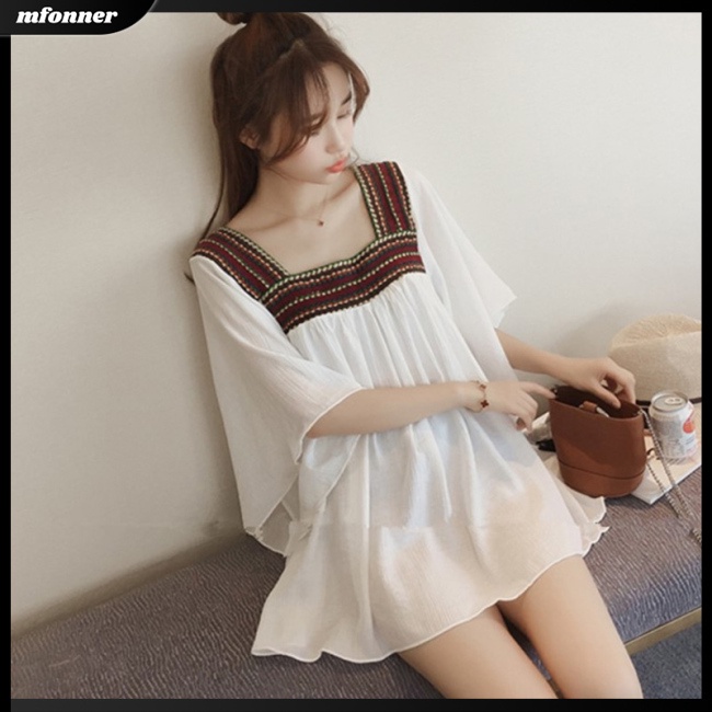 Áo Chiffon Mỏng Dáng Rộng Cổ Chữ U Thêu Họa Tiết Thổ Cẩm Thời Trang Mùa Hè Cho Nữ