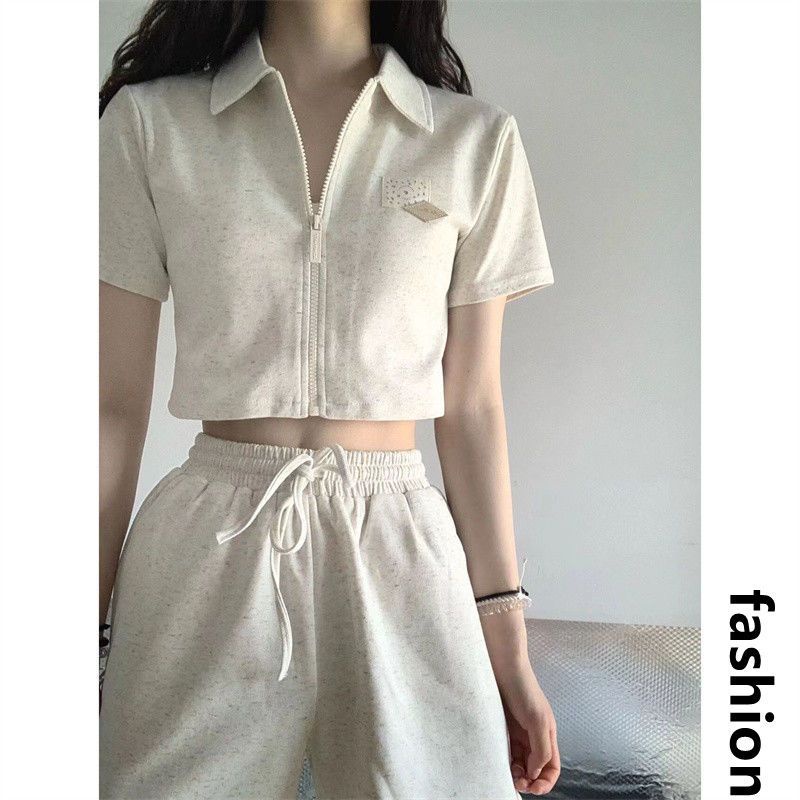 [F &amp; X] Set Đồ Thể Thao Hai Mảnh Áo Thun POLO Ngắn Cổ Khóa Kéo + Quần Short Lưng Cao Kiểu Nhật Bản Thời Trang Mùa Hè Y2k