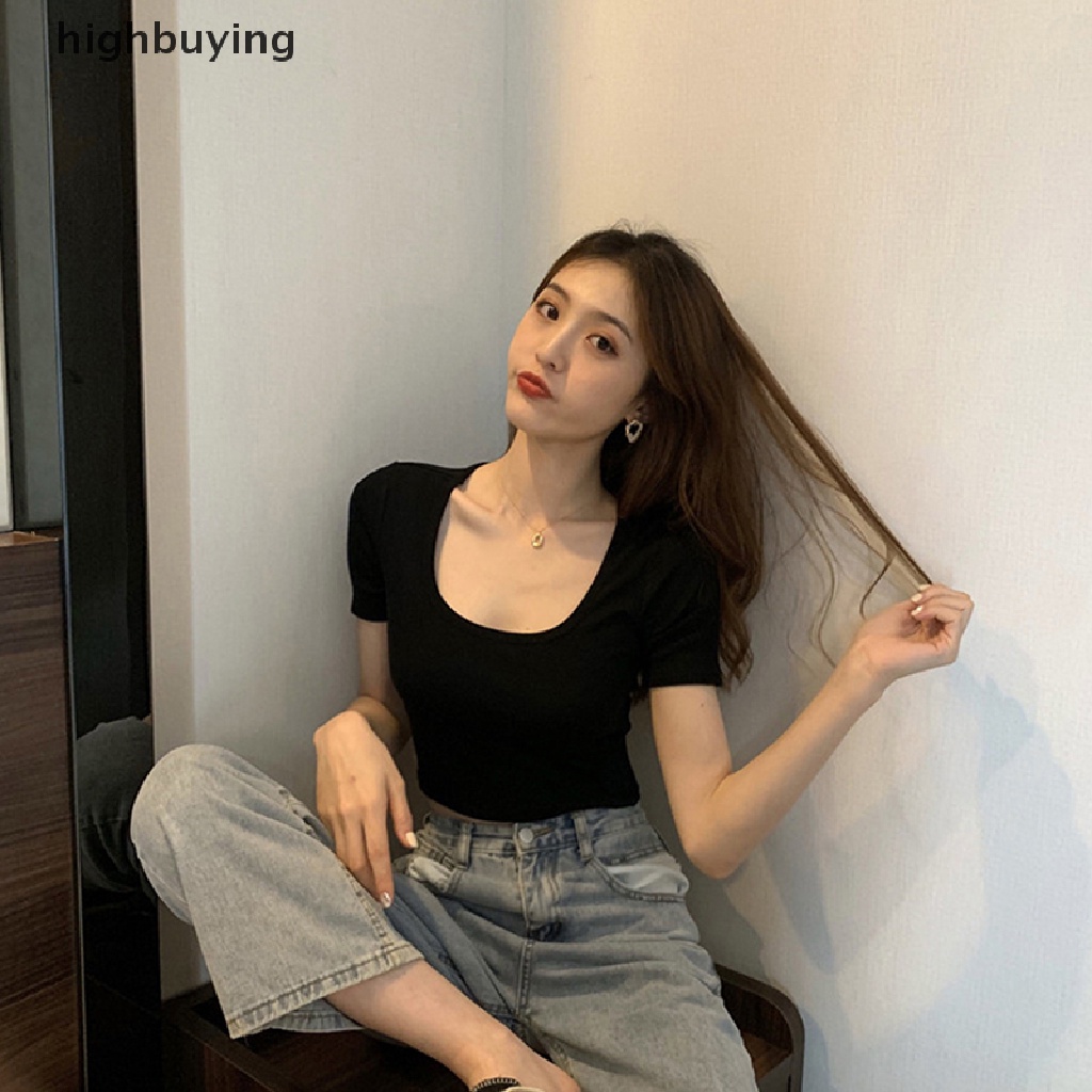 Áo Thun Lửng Cổ Vuông Tay Ngắn Màu Sắc Đơn Giản Cho Nữ