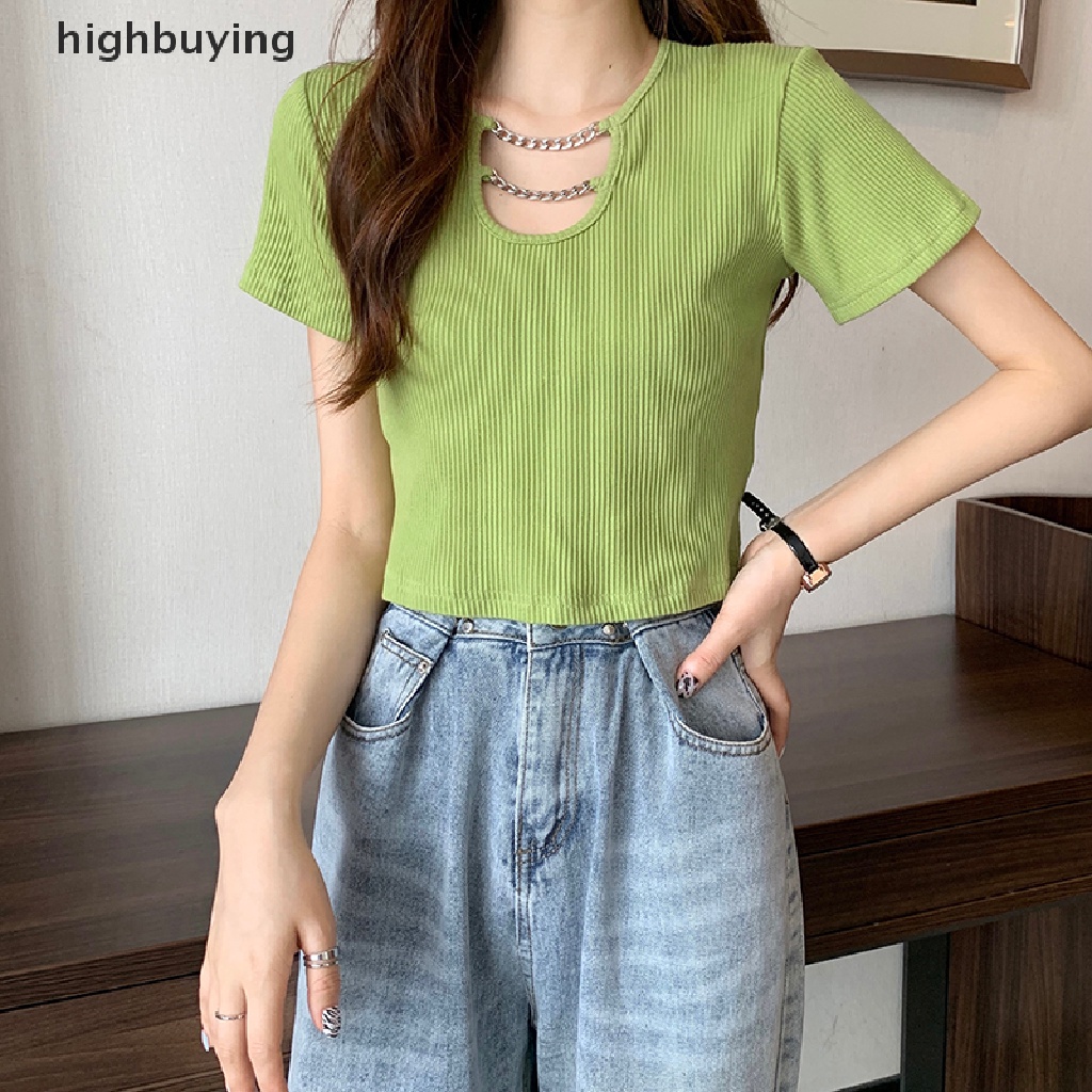 Áo Thun Tay Ngắn Màu Trơn Phối Dây Xích Thời Trang Mùa Hè Cho Nữ
