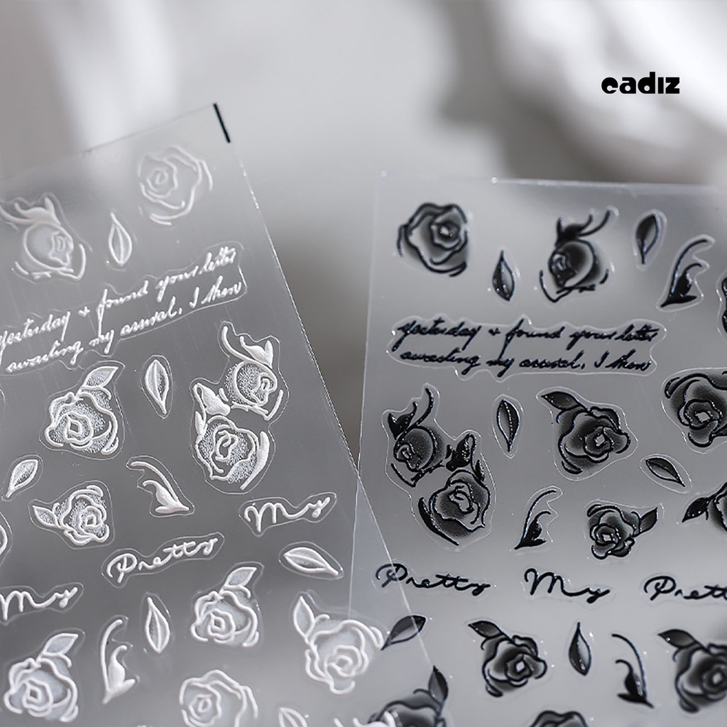 Miếng Dán Trang Trí Móng Tay Tự Dính Họa Tiết Hoa Hồng Trắng Đen Dùng Một Lần