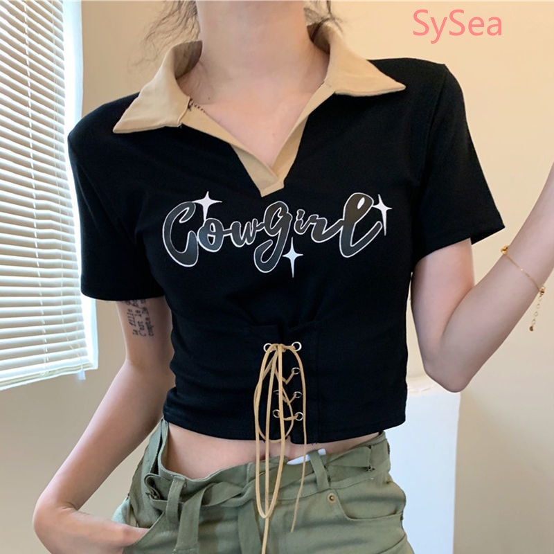 Áo Sơ Mi Cổ Bẻ Rút Dây In Họa Tiết Phong Cách Hàn Quốc Thời Trang Mùa Hè Cho Nữ