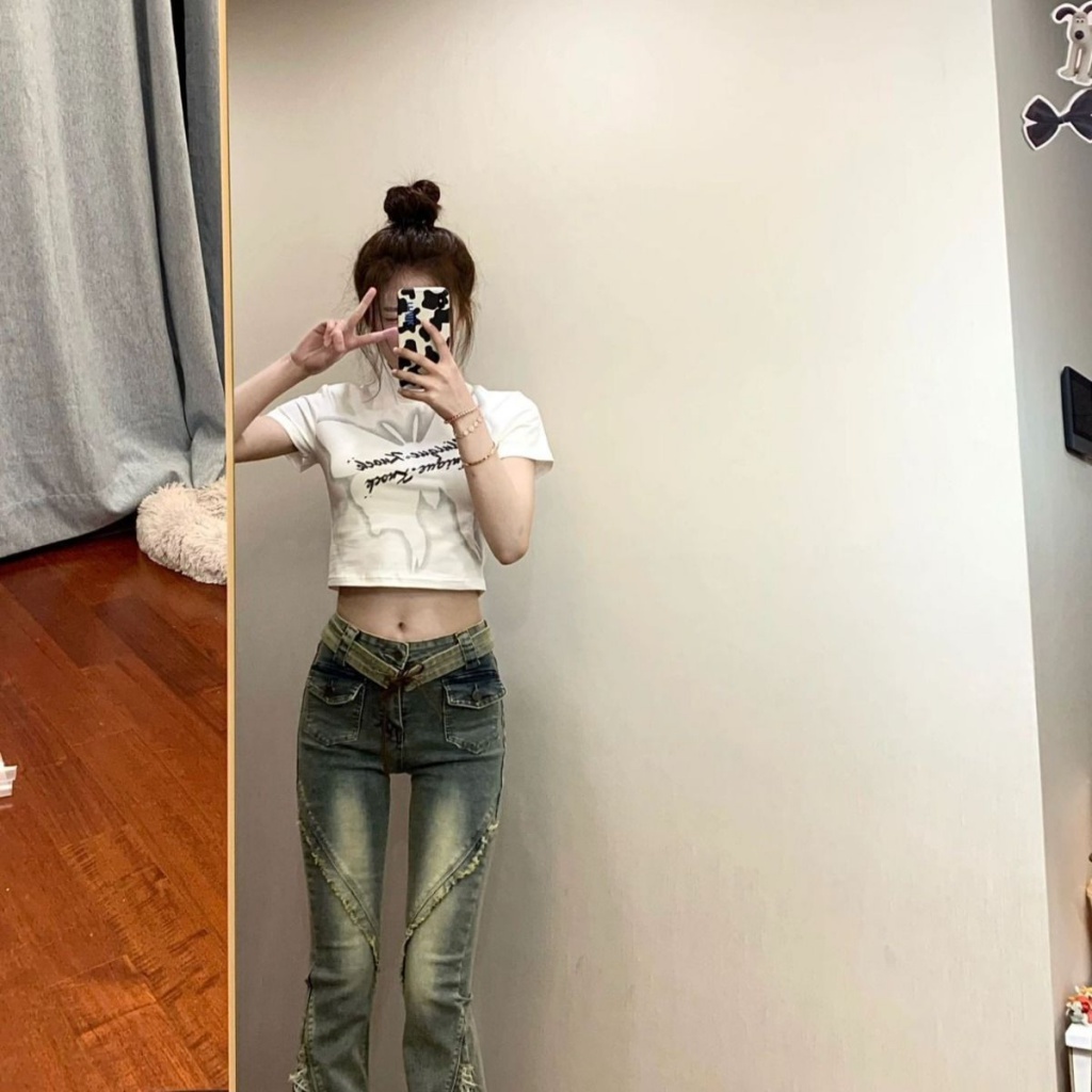 Quần Jean Nữ Cạp Cao Ống Loe Cột Dây Nhẹ Nhàng Phong Cách Retro Mới 6Q3F