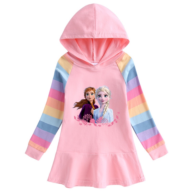 Đầm Hoodie Tay Dài In Hình Elsa Anna Hoạt Hình Dành Cho Bé Gái