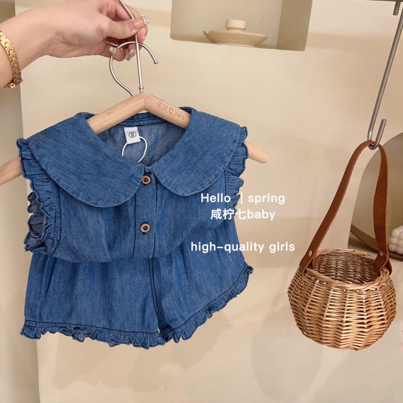 Bộ Áo Sơ Mi + Quần Short Denim Không Tay Thời Trang Mùa Hè Hàn Quốc 2023 Dành Cho Bé Gái