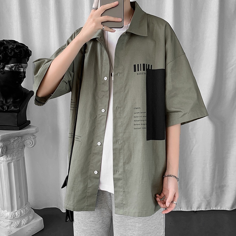 Áo Sơ Mi Tay Ngắn Dáng Rộng Phong Cách Harajuku Nhật Bản Màu Sắc Thời Trang Mùa Hè Dành Cho Nam Giới