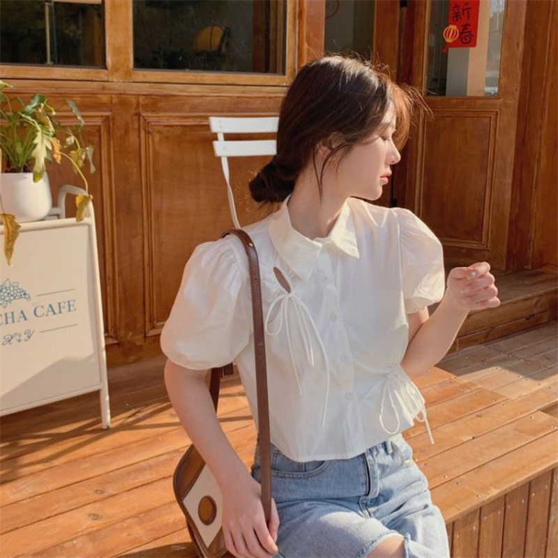 Áo Sơ Mi Tay Ngắn Phồng Thiết Kế Dây Rút Thời Trang Mùa Hè Mới Cho Nữ