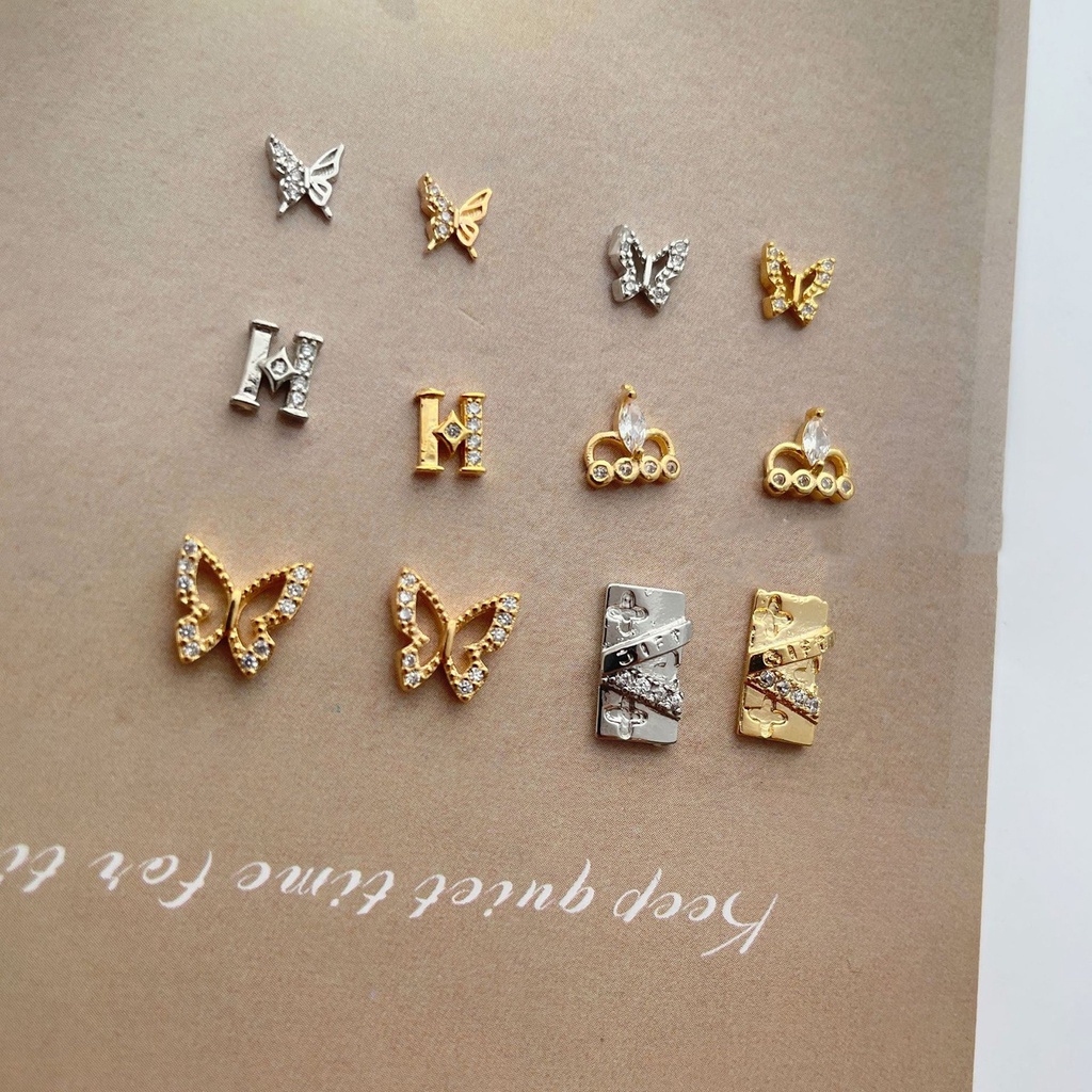 Set 10 Phụ Kiện Trang Trí Móng Nghệ Thuật Hình Học Bướm Vương Miện Rỗng Bằng Kim Loại