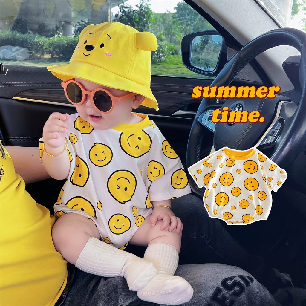 Áo Liền Quần Tay Ngắn In Hình Mặt Cười Thời Trang Mùa Hè Cho Bé Sơ Sinh