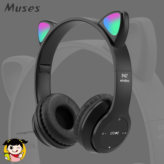 Tai Nghe Chụp Tai P47m Bluetooth Không Dây Thiết Kế Tai Mèo Dạ Quang Dễ Thương