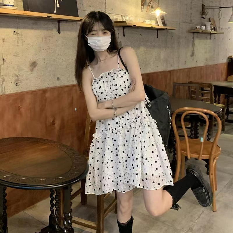 Đầm Ngắn Hai Dây Dáng Rộng Họa Tiết Hoa Lục Giác Phong Cách Hàn Quốc Dễ Thương Thời Trang Mùa Hè