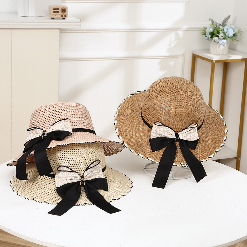 Nón Cối Rộng Vành Phối Nơ Màu Sắc Tương Phản Cho Nữ