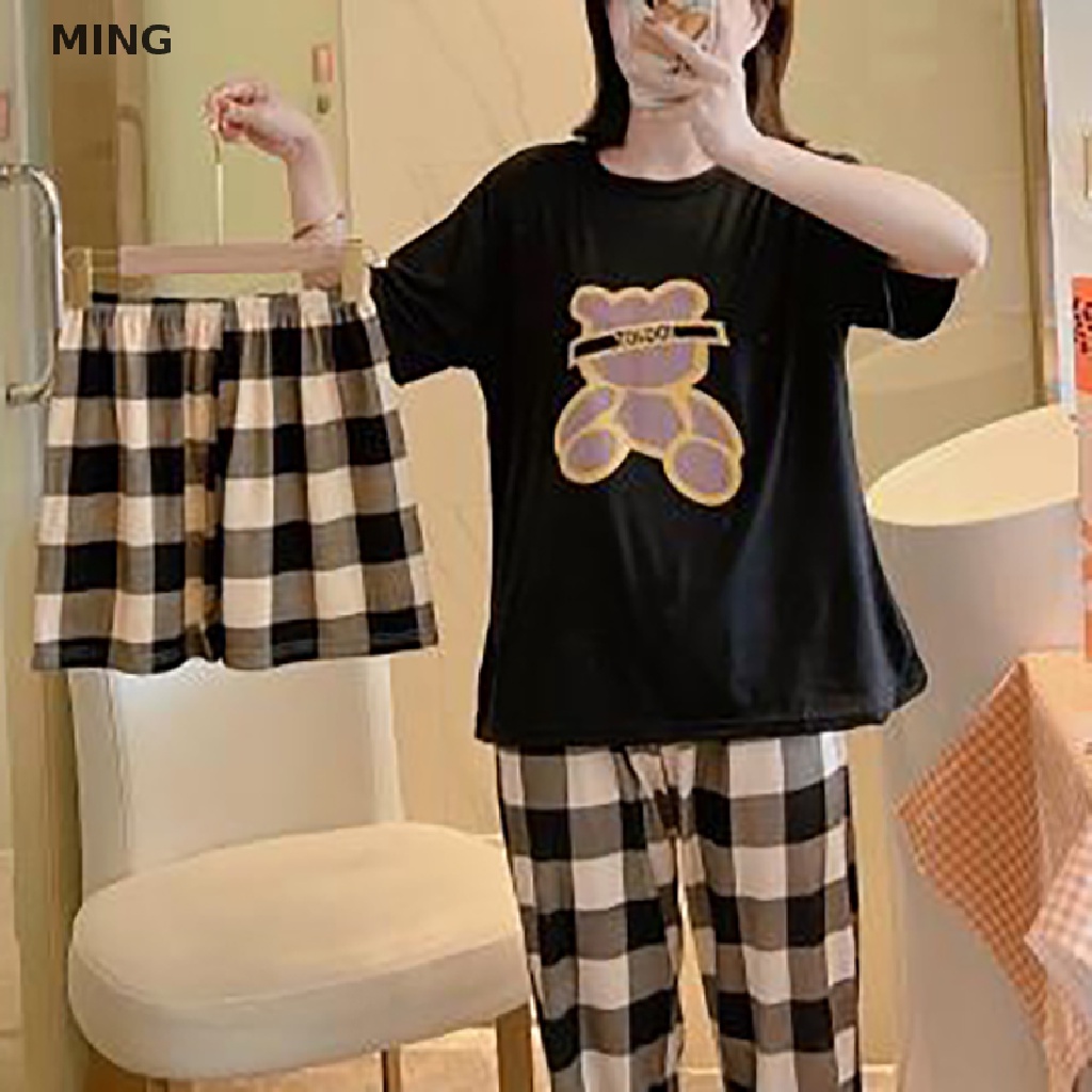 Bộ Đồ Ngủ Áo Thun In Hoạt Hình Phối Quần Short Dáng Rộng Thời Trang Mùa Hè Cho Nữ