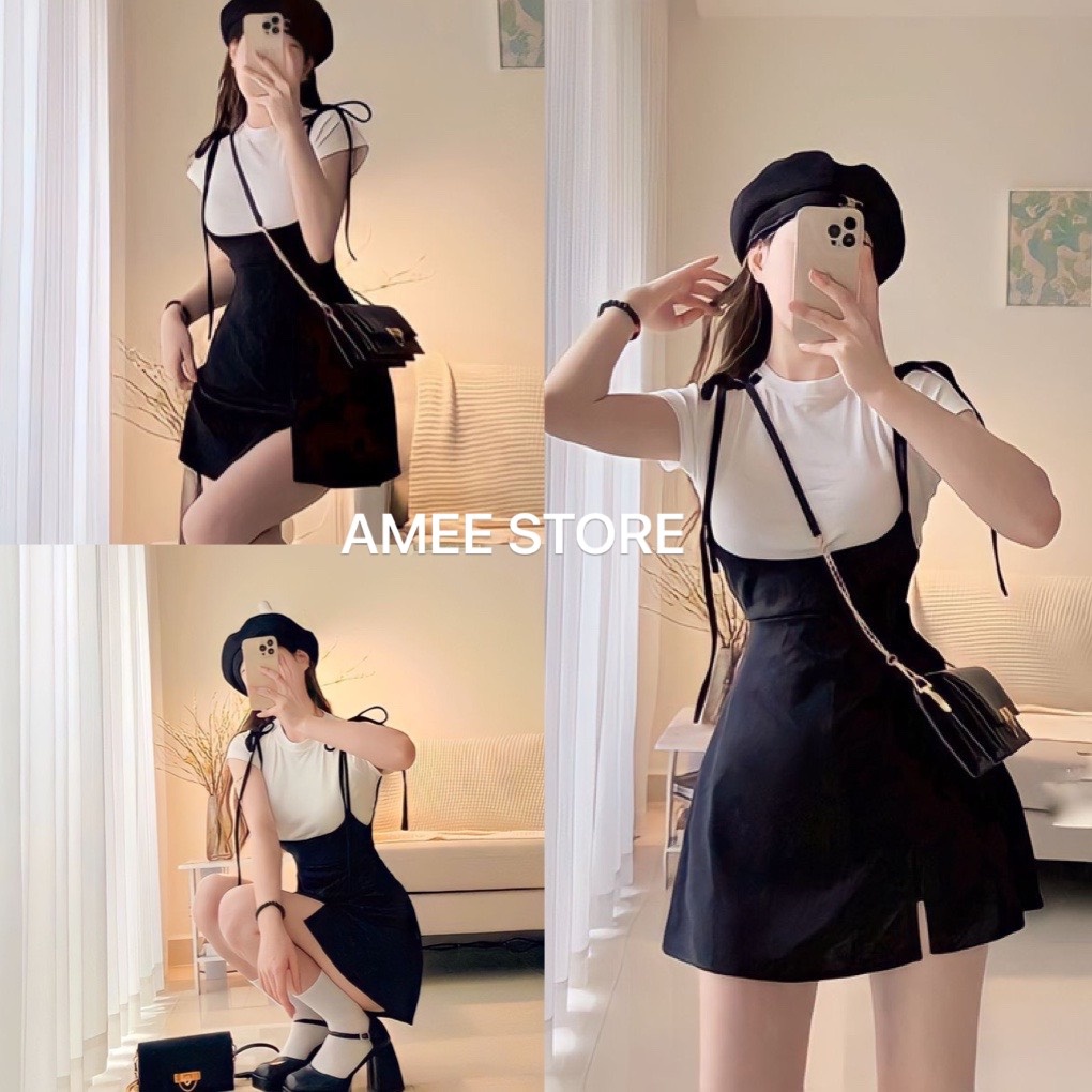 Set váy nữ đen xẻ ôm body kèm áo bo tăm sexy tôn dáng set váy yếm dài- sét bộ đồ yếm nữ 2 dây thắt nơ hàn quốc, AMEE