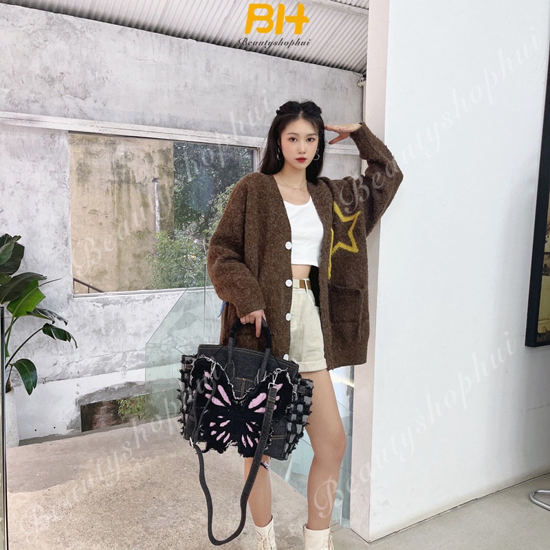 Túi Xách Đeo Vai Một Mặt Chất Liệu Denim Họa Tiết Bướm Mới 2023 Cho Nữ