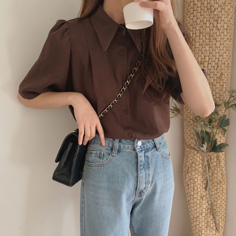 Áo Sơ Mi Tay Phồng Ngắn Màu Nâu Thời Trang Mới Cho Nữ
