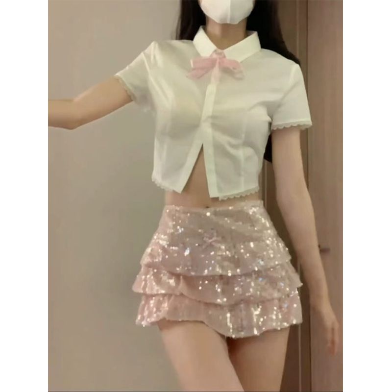 Bộ Áo Sơ Mi Ngắn Tay Đính Nơ + Chân Váy Ngắn Lưng Thấp Đính Kim Sa Lấp Lánh Thời Trang Cho Nữ