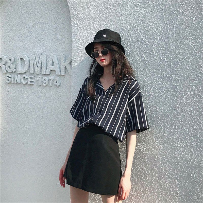 Áo Sơ Mi Tay Ngắn Họa Tiết Kẻ Sọc Thời Trang Mùa Hè Phong Cách Hàn Quốc Cho Nữ