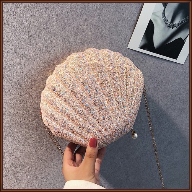 Jaz Túi Đeo Vai Mini Hình Vỏ Sò Đính Kim Sa Lấp Lánh Sang Trọng Dễ Phối Đồ Cho